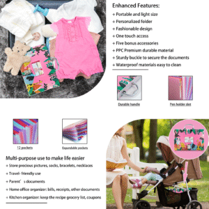 Baby Document Organizer with 12 Pockets – Durable Keepsake Folder for Boys & Girls, Silver Metal Handle & Lock, Perfect for Pregnancy & Baby Records