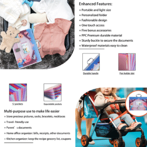 Baby Document Organizer with 12 Pockets – Durable Keepsake Folder for Boys & Girls, Silver Metal Handle & Lock, Perfect for Pregnancy & Baby Records