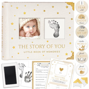 BLUSHY BABY Book Keepsake, Baby Memory Book From Pre-Birth to 5th Year, with 2 Photo Pockets, Milestone Stickers, Hand/Footprint Inkpad, Information Card, Baby Album and Memory Book for Girls or Boys