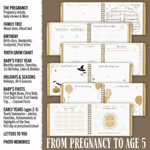 BLUSHY BABY Book Keepsake, Baby Memory Book From Pre-Birth to 5th Year, with 2 Photo Pockets, Milestone Stickers, Hand/Footprint Inkpad, Information Card, Baby Album and Memory Book for Girls or Boys