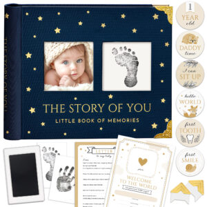 Book Keepsake, Baby Memory Book From Pre-Birth to 5th Year, with 2 Photo Pockets, Milestone Stickers, Hand/Footprint Inkpad, Baby Album and Baby Book for Girls or Boys (Navy)