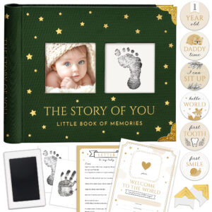 BLUSHY BABY Book Keepsake, Baby Memory Book From Pre-Birth to 5th Year, with 2 Photo Pockets, Milestone Stickers, Hand/Footprint Inkpad, Information Card, Baby Album and Memory Book for Girls or Boys (Sage)