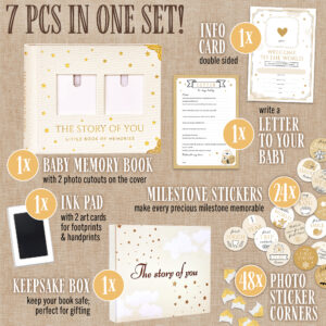 Book Keepsake, Baby Memory Book From Pre-Birth to 5th Year, with 2 Photo Pockets, Milestone Stickers, Hand/Footprint Inkpad, Baby Album and Baby Book for Girls or Boys (Black)