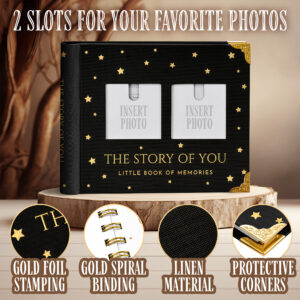 Book Keepsake, Baby Memory Book From Pre-Birth to 5th Year, with 2 Photo Pockets, Milestone Stickers, Hand/Footprint Inkpad, Baby Album and Baby Book for Girls or Boys (Black)