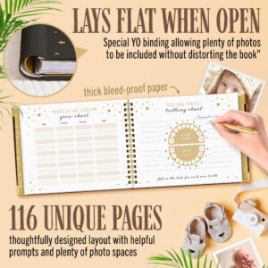 Book Keepsake, Baby Memory Book From Pre-Birth to 5th Year, with 2 Photo Pockets, Milestone Stickers, Hand/Footprint Inkpad, Baby Album and Baby Book for Girls or Boys (Black)