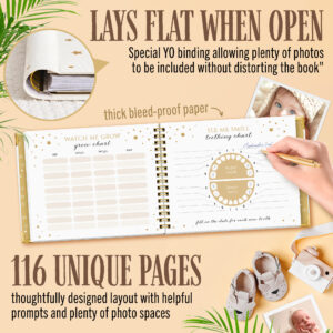 BLUSHY BABY Book Keepsake, Baby Memory Book From Pre-Birth to 5th Year, with 2 Photo Pockets, Milestone Stickers, Hand/Footprint Inkpad, Information Card, Baby Album and Memory Book for Girls or Boys