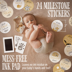 Book Keepsake, Baby Memory Book From Pre-Birth to 5th Year, with 2 Photo Pockets, Milestone Stickers, Hand/Footprint Inkpad, Baby Album and Baby Book for Girls or Boys (Black)