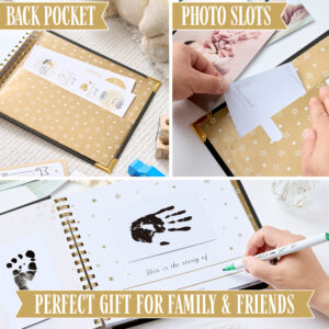Book Keepsake, Baby Memory Book From Pre-Birth to 5th Year, with 2 Photo Pockets, Milestone Stickers, Hand/Footprint Inkpad, Baby Album and Baby Book for Girls or Boys (Black)