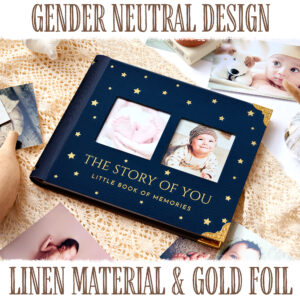 Book Keepsake, Baby Memory Book From Pre-Birth to 5th Year, with 2 Photo Pockets, Milestone Stickers, Hand/Footprint Inkpad, Baby Album and Baby Book for Girls or Boys (Navy)