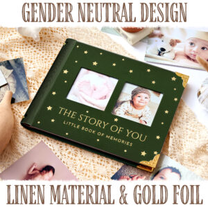 BLUSHY BABY Book Keepsake, Baby Memory Book From Pre-Birth to 5th Year, with 2 Photo Pockets, Milestone Stickers, Hand/Footprint Inkpad, Information Card, Baby Album and Memory Book for Girls or Boys (Sage)