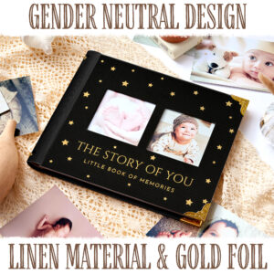 Book Keepsake, Baby Memory Book From Pre-Birth to 5th Year, with 2 Photo Pockets, Milestone Stickers, Hand/Footprint Inkpad, Baby Album and Baby Book for Girls or Boys (Black)