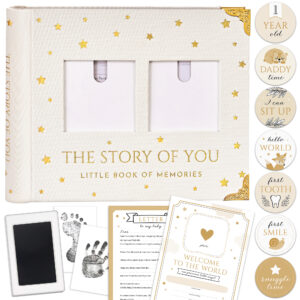BLUSHY BABY Book Keepsake, Baby Memory Book From Pre-Birth to 5th Year, with 2 Photo Pockets, Milestone Stickers, Hand/Footprint Inkpad, Information Card, Baby Album and Memory Book for Girls or Boys