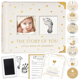 BLUSHY BABY Book Keepsake, Baby Memory Book From Pre-Birth to 5th Year, with 2 Photo Pockets, Milestone Stickers, Hand/Footprint Inkpad, Information Card, Baby Album and Memory Book for Girls or Boys