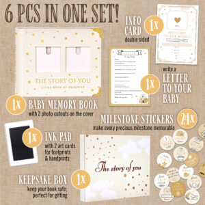 BLUSHY BABY Book Keepsake, Baby Memory Book From Pre-Birth to 5th Year, with 2 Photo Pockets, Milestone Stickers, Hand/Footprint Inkpad, Information Card, Baby Album and Memory Book for Girls or Boys
