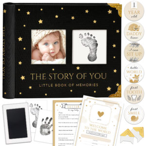 Book Keepsake, Baby Memory Book From Pre-Birth to 5th Year, with 2 Photo Pockets, Milestone Stickers, Hand/Footprint Inkpad, Baby Album and Baby Book for Girls or Boys (Black)